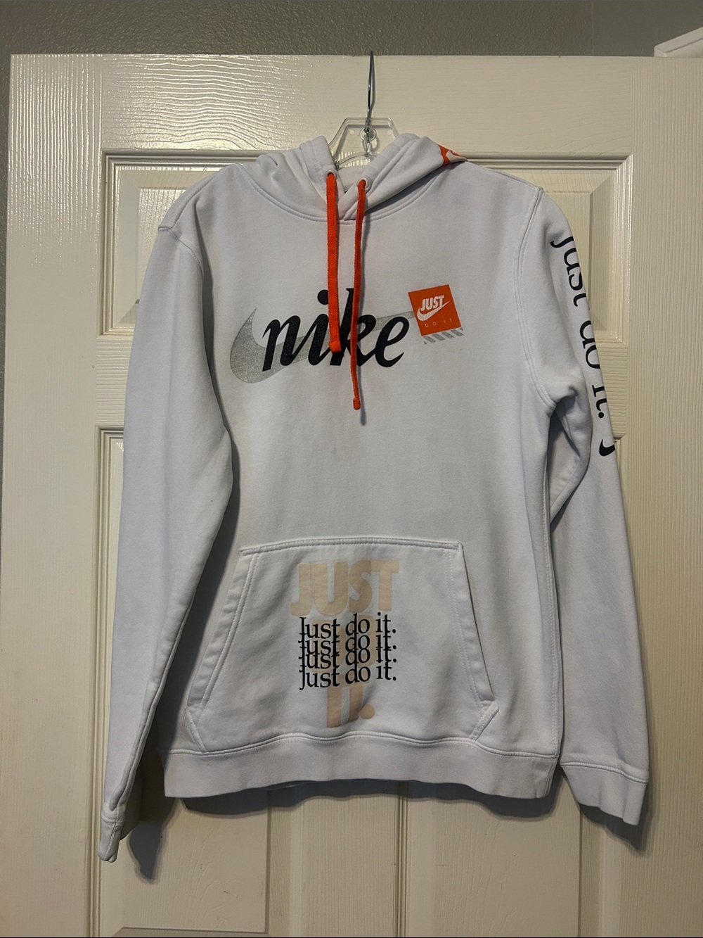 Nike White Crewneck Hoodie with Orange Drawstrings